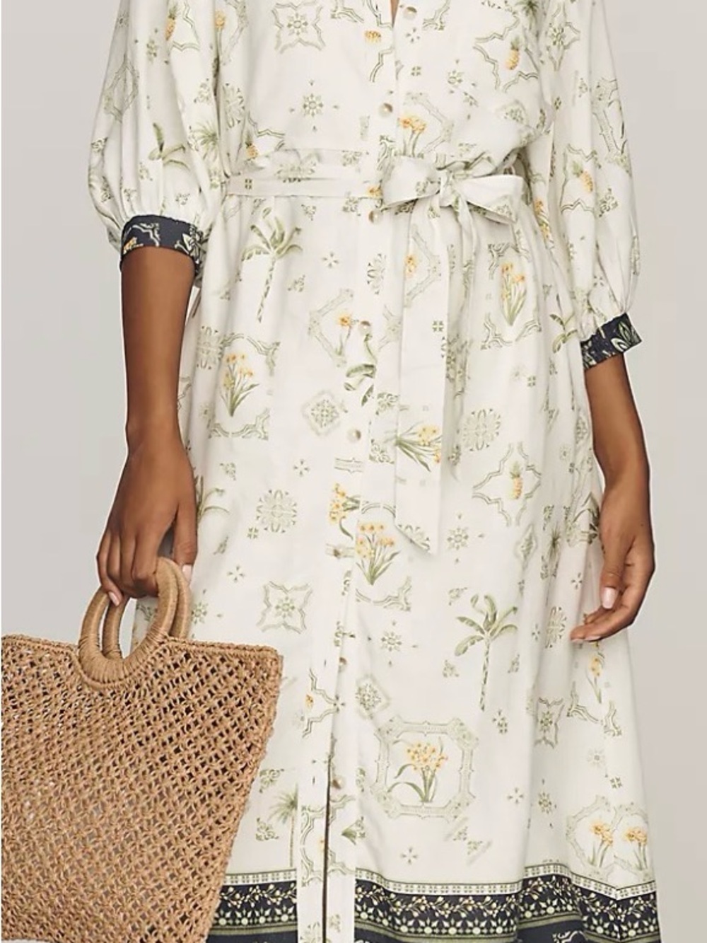Anthropologie Cream Floral Maxi Shirt Dress with Self-Tie